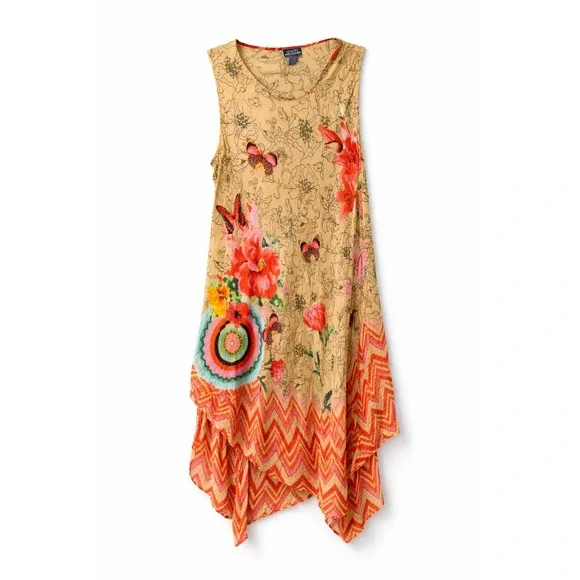 Boho Butterfly Floral Tunic Dress OSFM Handkerchief Hem Festival Cottagecore - Picture 1 of 5